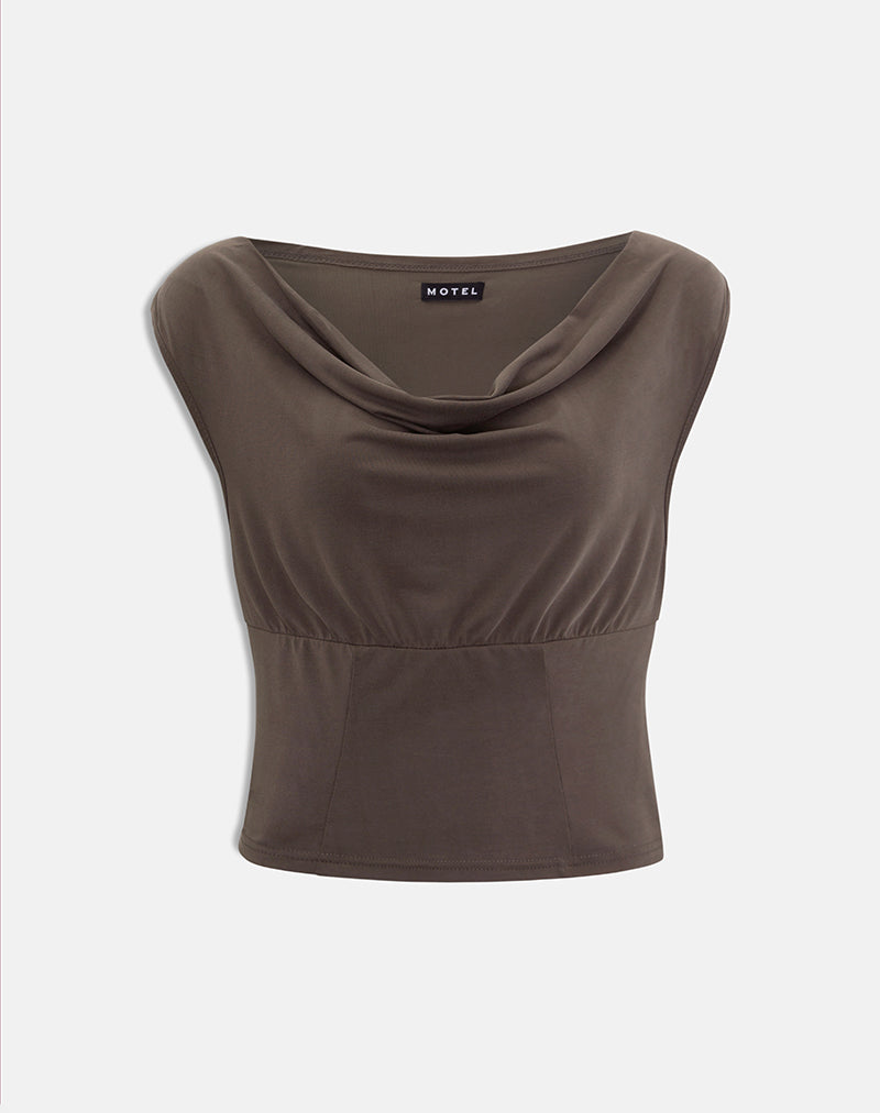 Image of Wiyana Cowl Neck Top in Cupro Dark Brown
