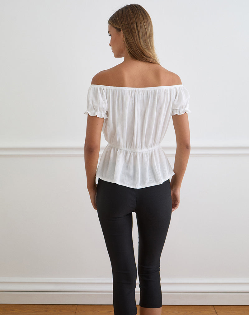Image of Wujala Bardot Tie Waist Top in Rayon White