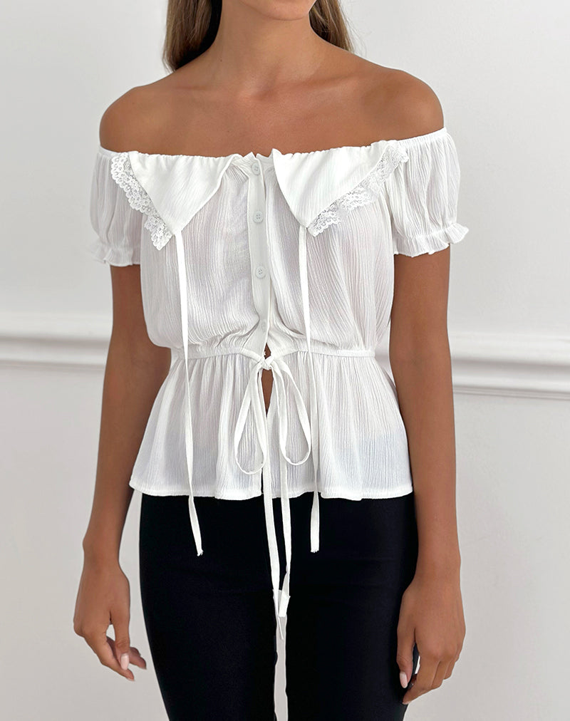 Image of Wujala Bardot Tie Waist Top in Rayon White
