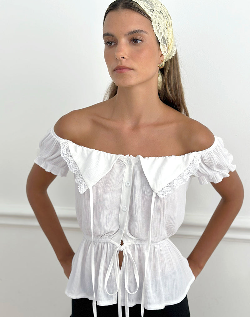 Image of Wujala Bardot Tie Waist Top in Rayon White