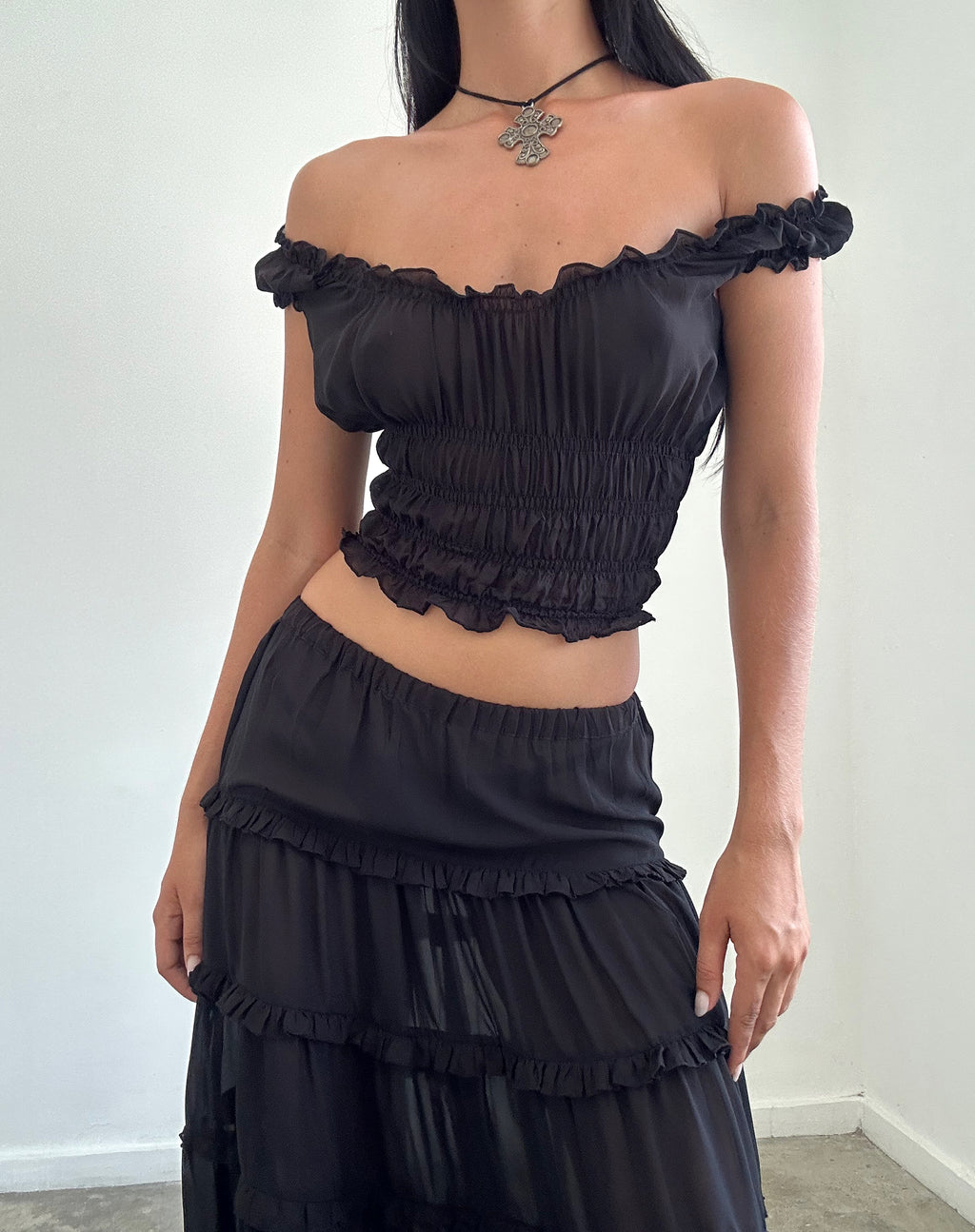 Xavi Shirred Bardot Top in Chiffon Black