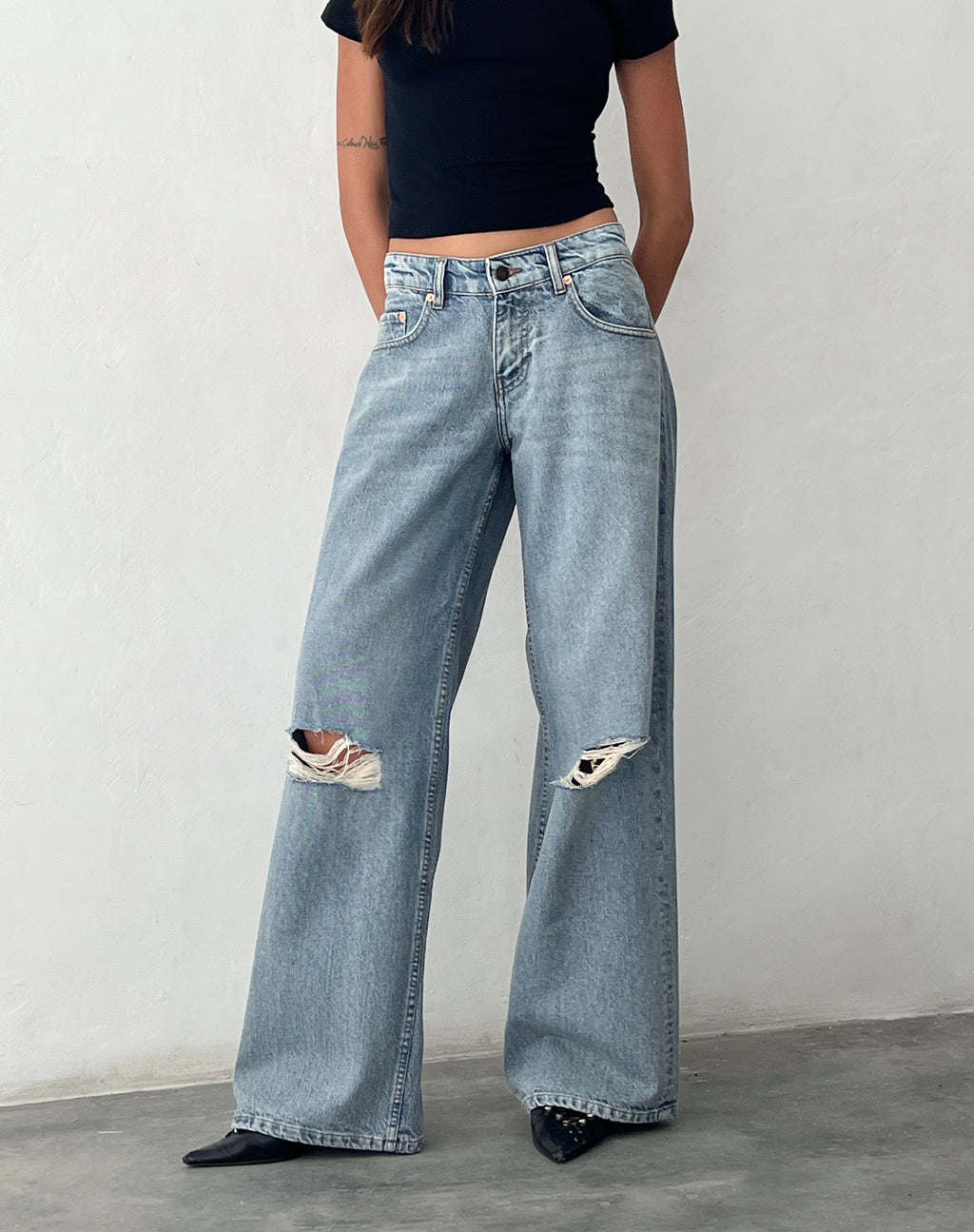 Ripped Roomy Extra Wide Low Rise Jean in Vintage Blue Wash