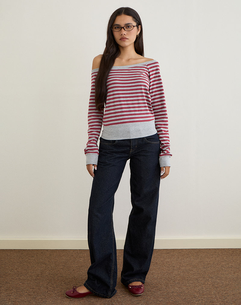 Image of Yacin Slouchy Top in Grey and Burgundy Stripe