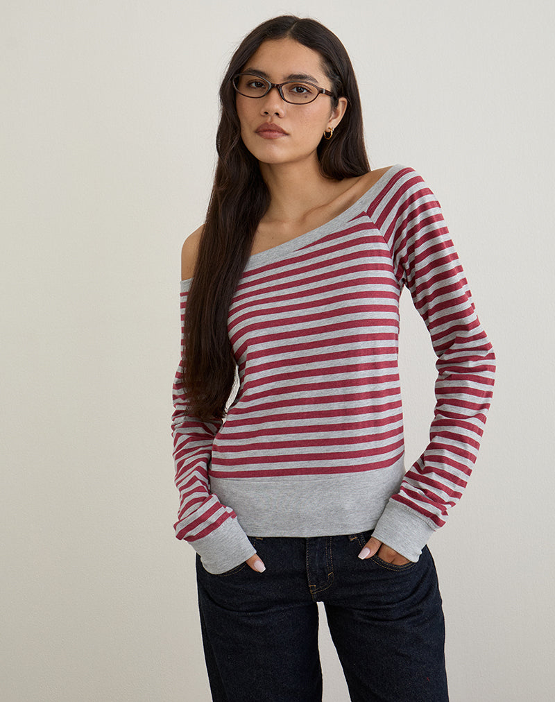 Image of Yacin Slouchy Top in Grey and Burgundy Stripe