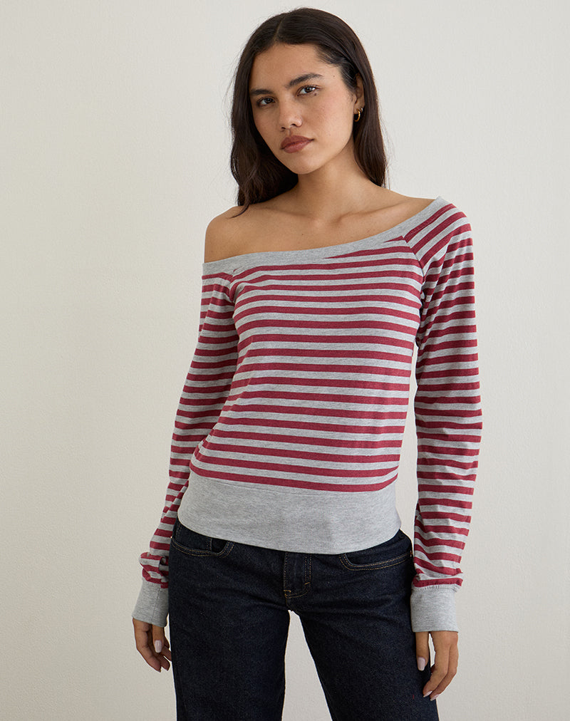 Image of Yacin Slouchy Top in Grey and Burgundy Stripe