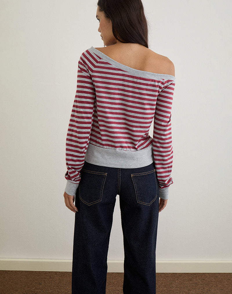 Image of Yacin Slouchy Top in Grey and Burgundy Stripe
