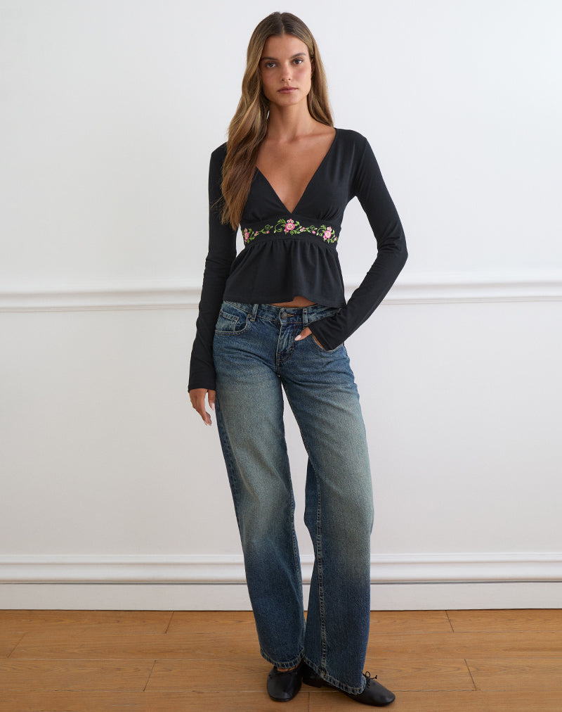 Image of Yahop Top in Black with Swirly Floral Embroidery