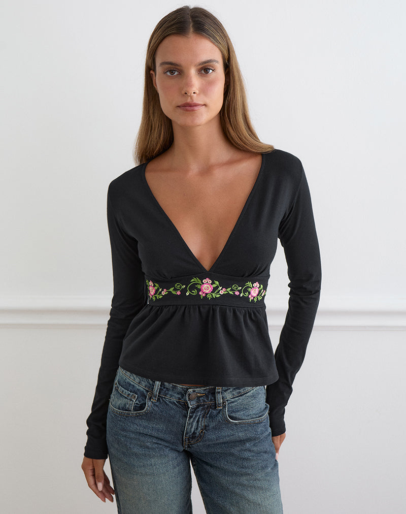 Image of Yahop Top in Black with Swirly Floral Embroidery