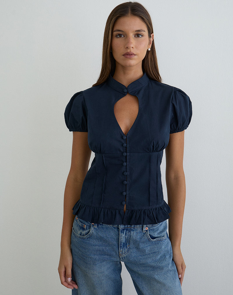 Yamila Puff Sleeve Keyhole Blouse in Dark Navy