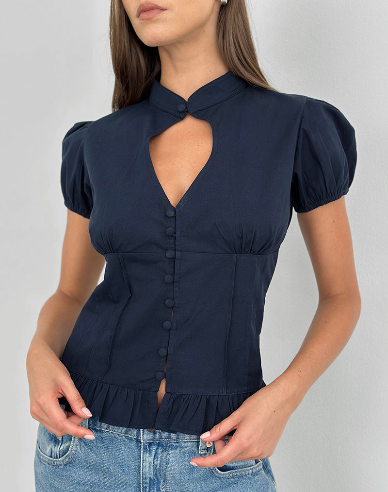 Yamila Puff Sleeve Keyhole Blouse in Dark Navy
