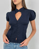 Image of Yamila Puff Sleeve Keyhole Blouse in Dark Navy