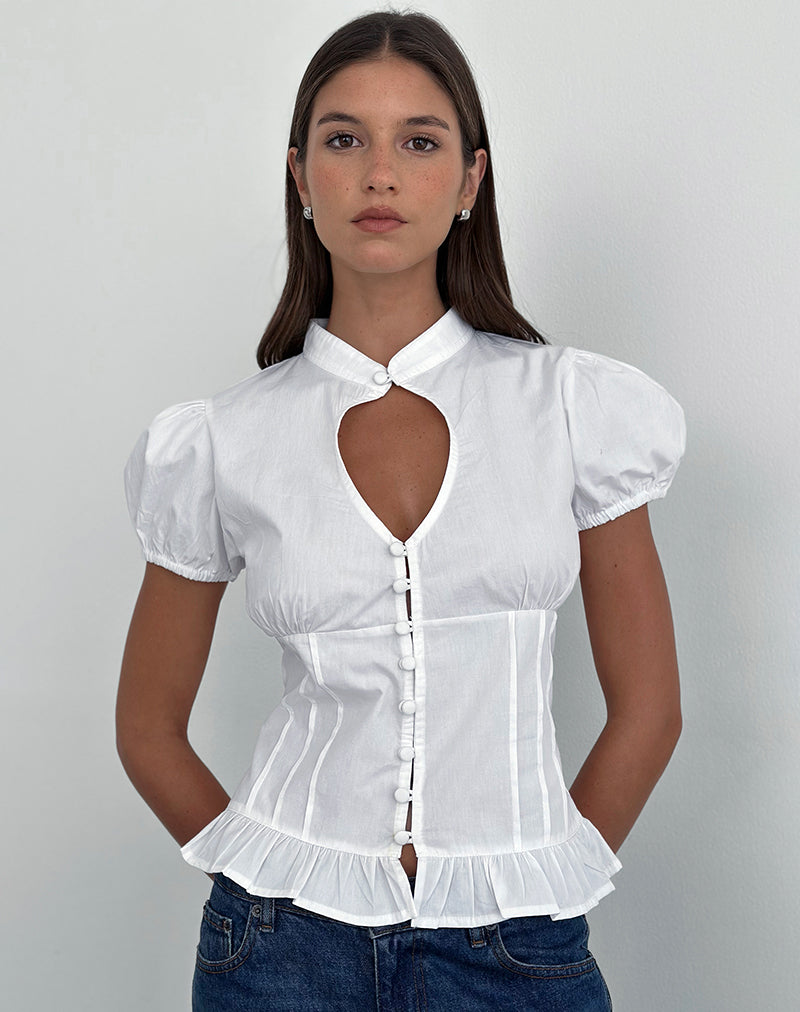 Image of Yamila Puff Sleeve Keyhole Blouse in White