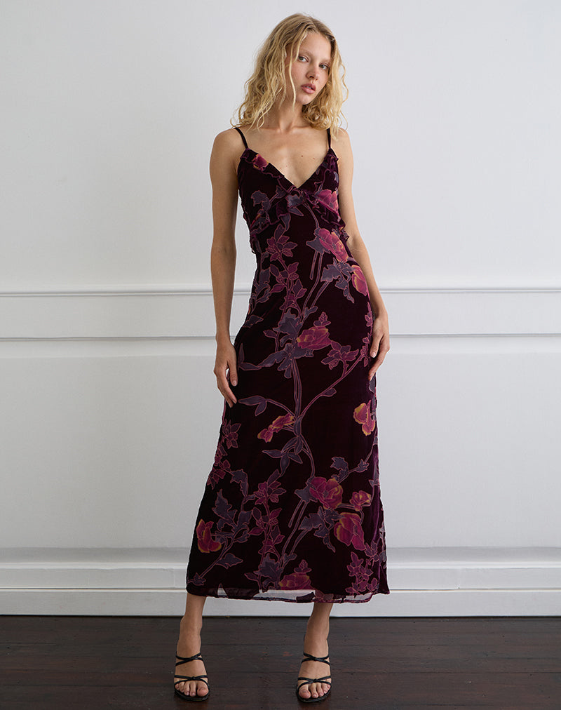 Image of Yamira Maxi Dress in Floral Devore Burgundy