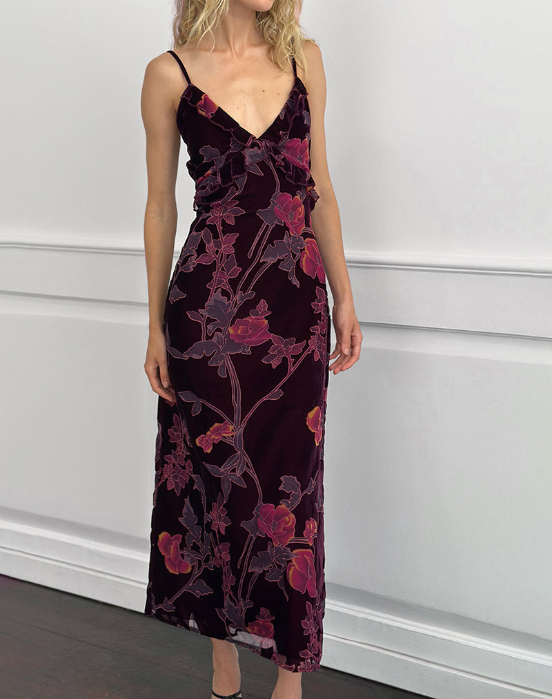 Image of Yamira Maxi Dress in Floral Devore Burgundy