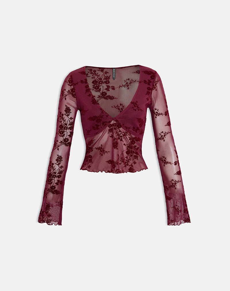Image of Yamuna Top in Flocked Botanical Flower Maroon