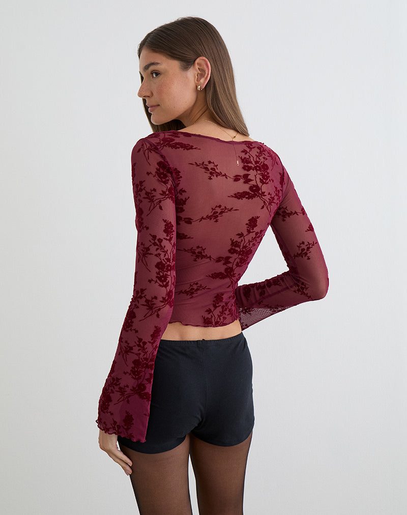 Image of Yamuna Top in Flocked Botanical Flower Maroon