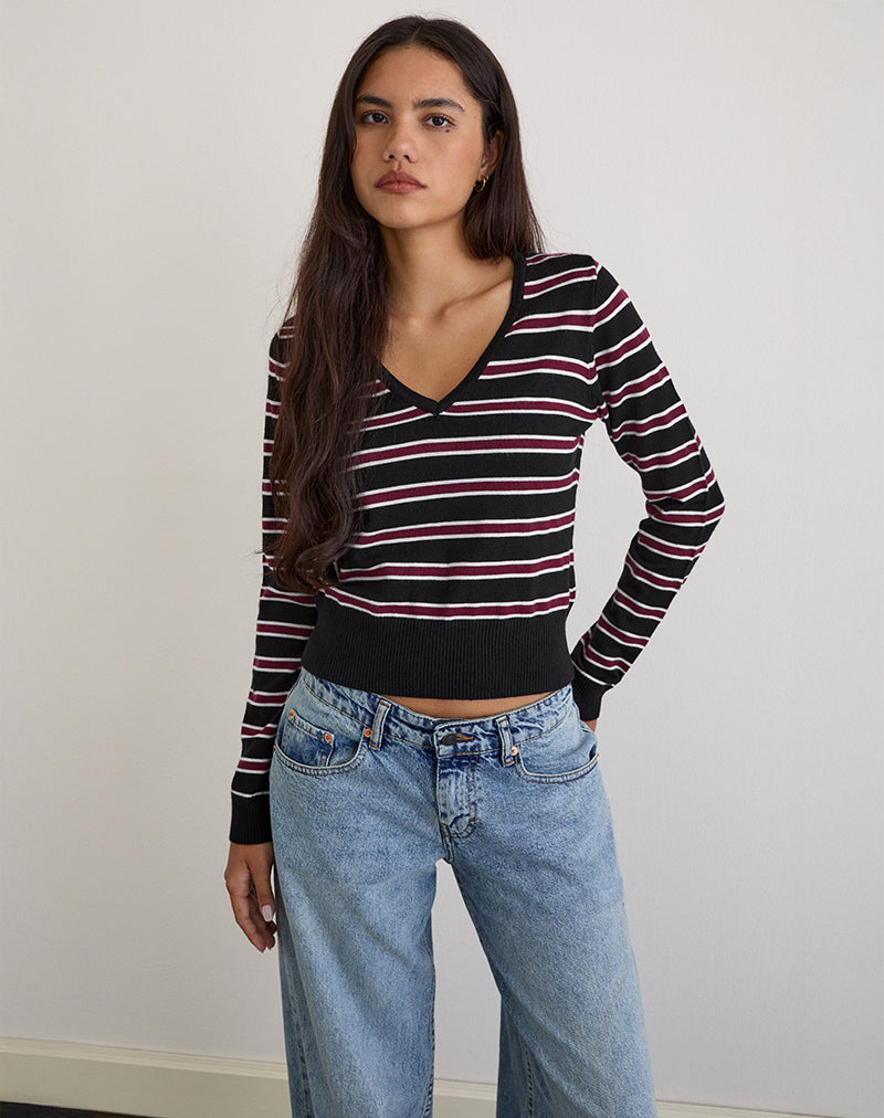 Image of Yasra Jumper in Stripe Knit Black Burgundy
