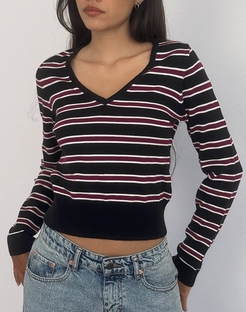 Image of Yasra Jumper in Stripe Knit Black Burgundy