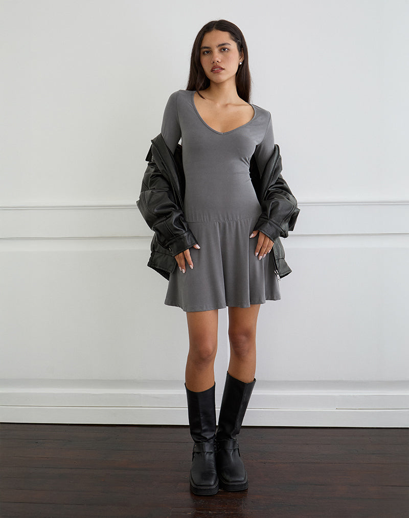 Image of Yauri Long Sleeve Mini Dress in Cupro Grey
