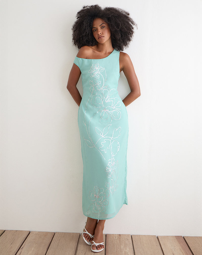 Image of Yelsa Maxi Dress in Chiffon Floral Sequin Turquoise