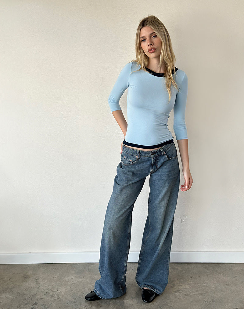 Image of Yones Quarter Sleeve Top in Cool Blue with Navy Trim