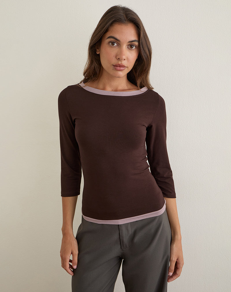 Image of Yones Top in Bitter Chocolate with Grey Lavender Trim