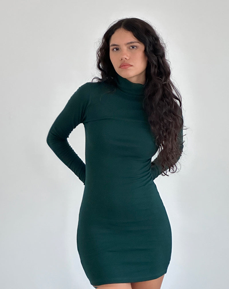 Image of Yrion Turtle Neck Bodycon Mini Dress in Forest Green