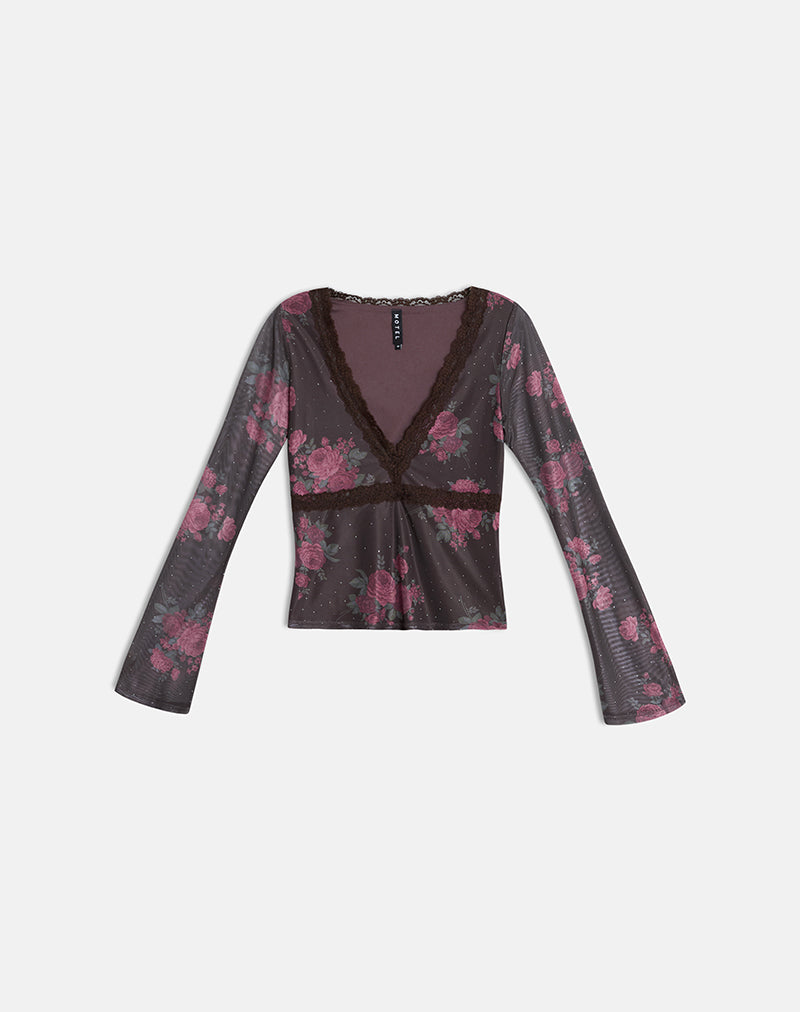 Image of Yudo Top in Brown with Pink Polka Dots and Roses Print