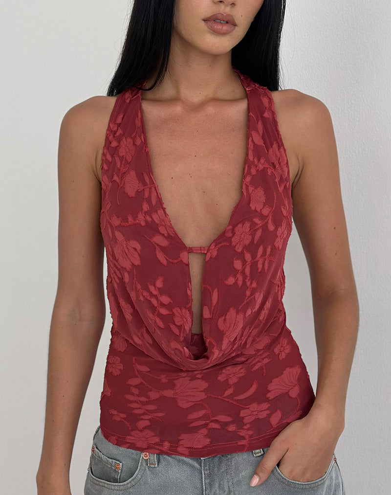 Image of Yukari Plunge Top in Burnout Mesh Red