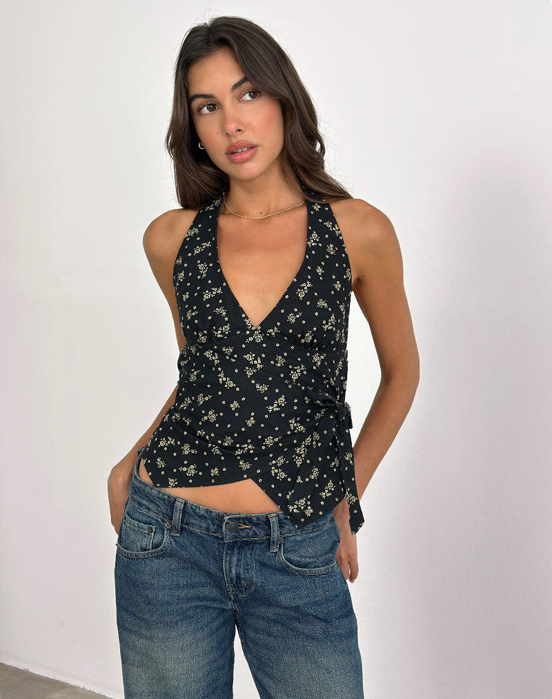 Image of Yung Halterneck Wrap Top in Floral Land Black
