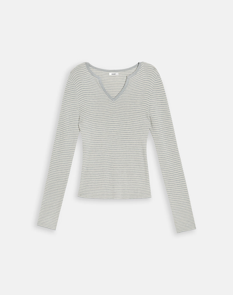 Image of Yuso Top in Waffle Knit Stripe Grey and Cream