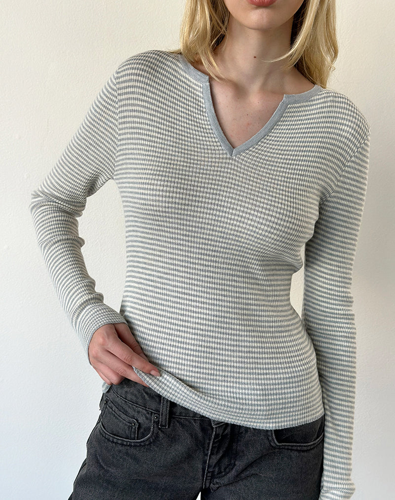 Image of Yuso Top in Waffle Knit Stripe Grey and Cream