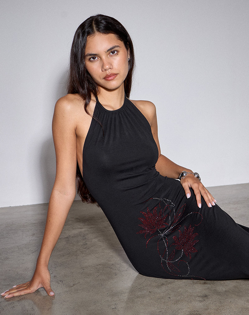 Image of Zavine Midi Dress in Cupro Diamante Flower Black