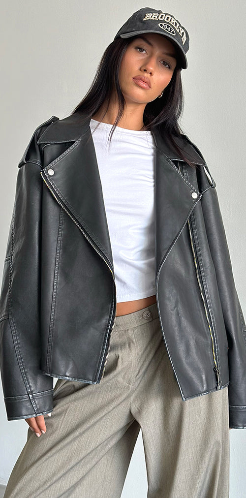 Image of Zebbie Distressed PU Biker Jacket in Black