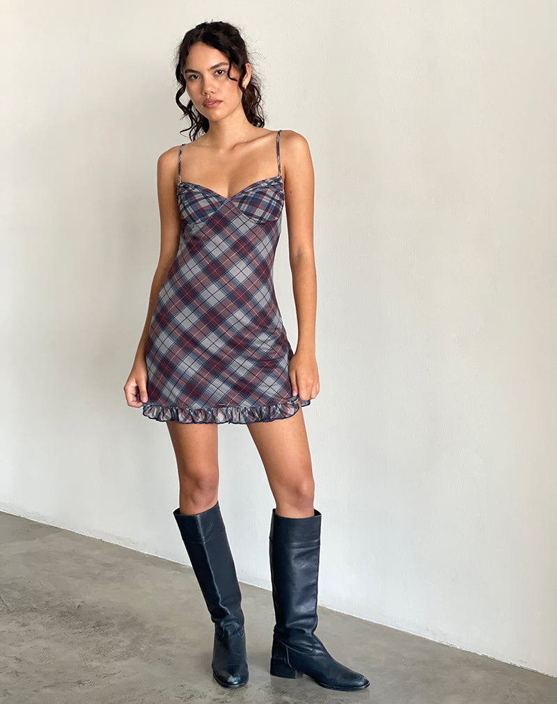 Navy Diagonal Check Mini Dress | Zeinari – motelrocks.com