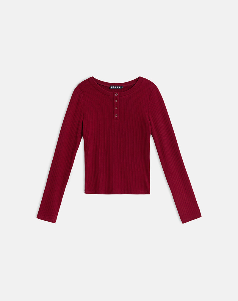Mini Rib Maroon Maroon Red Long Sleeve Button Up Rib Knit Top | Zinta – motelrocks.com