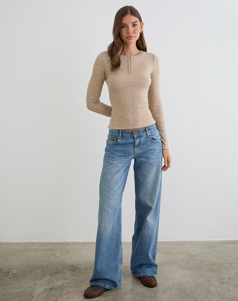 Image of Zinta Long Sleeve Button Up Top in Rib Knit Oat
