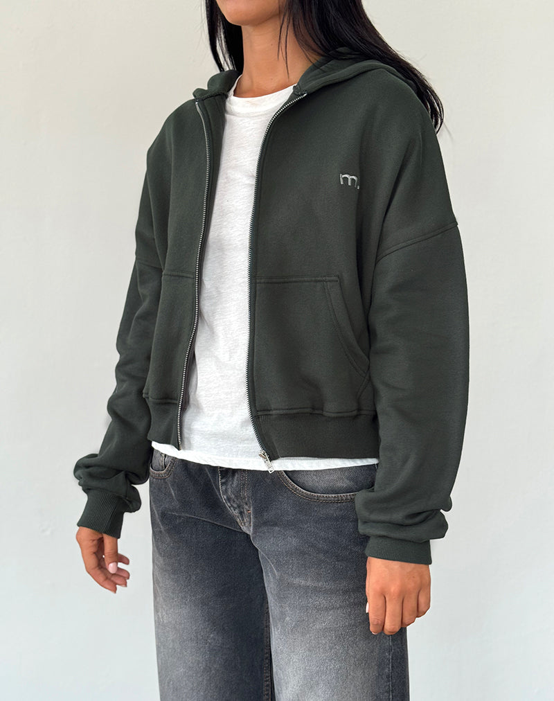 Image of Zip Through Hoodie in Beluga with Light Grey M Embroidery