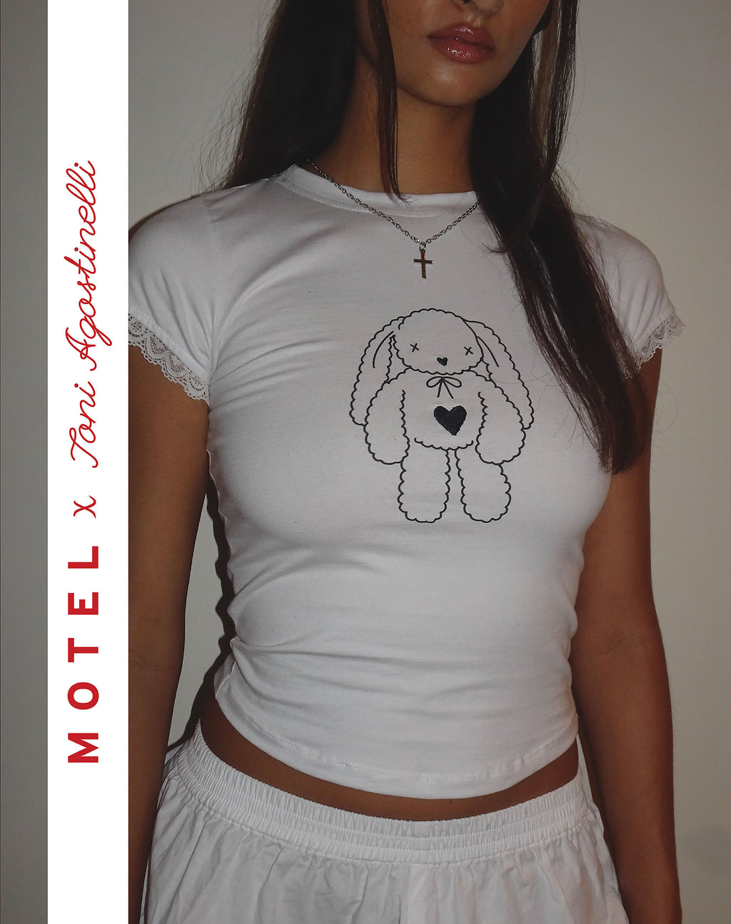 MOTEL X Toni Agost Tattoo Izzy Tee in White with Heart Bunny Motif