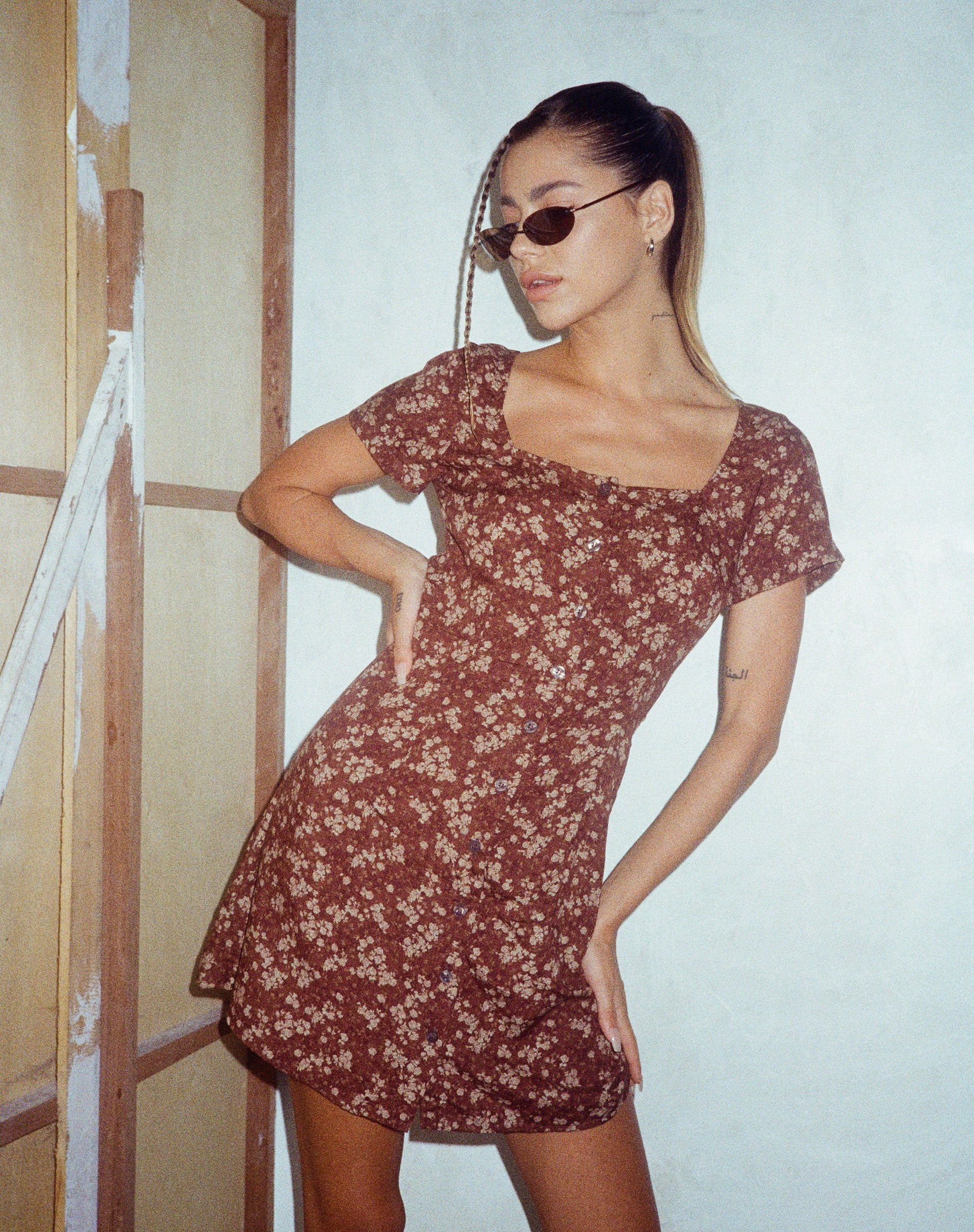 motel rocks brown floral dress Lona Midi Dress in Flower Garden Brown