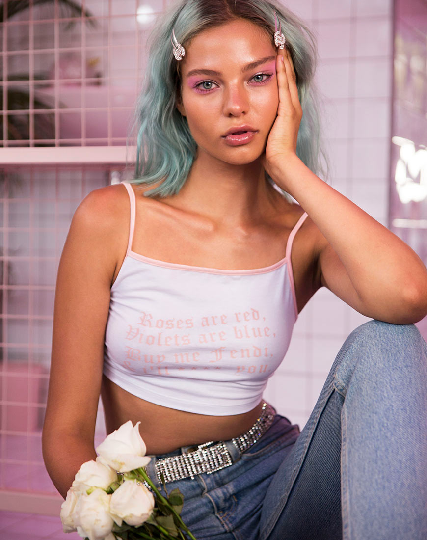 Image of Kamla Crop Top in White with Roses Are Red Text  X Top Girl
