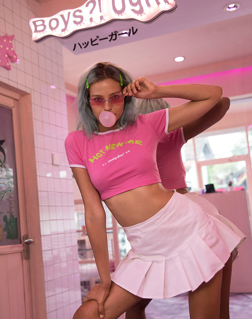 Image of Mandita Crop Top in Bright Pink with Hot New Me Text  X Top Girl