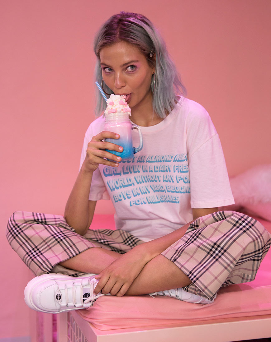 Image of Oversize Basic Tee in Soft Pink with Almond Milk Girl Text  X Top Girl