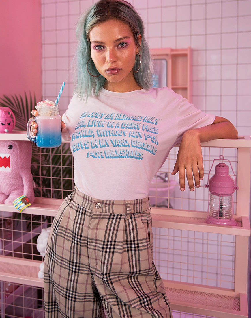 Image of Oversize Basic Tee in Soft Pink with Almond Milk Girl Text  X Top Girl