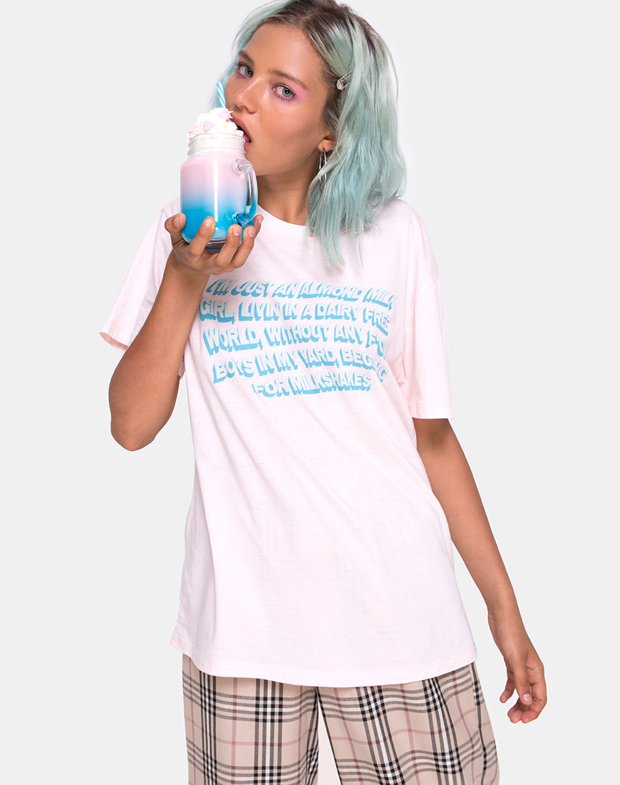 Image of Oversize Basic Tee in Soft Pink with Almond Milk Girl Text  X Top Girl