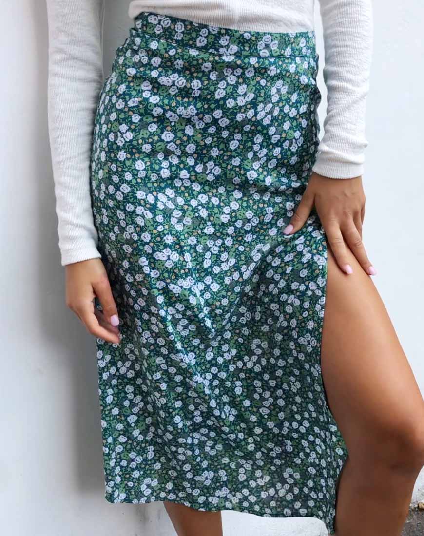 Image of Saika Midi Skirt in Floral Field Green