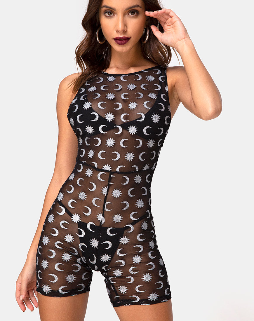 Image of Acro Unitard in Over the Moon Black with Glitter