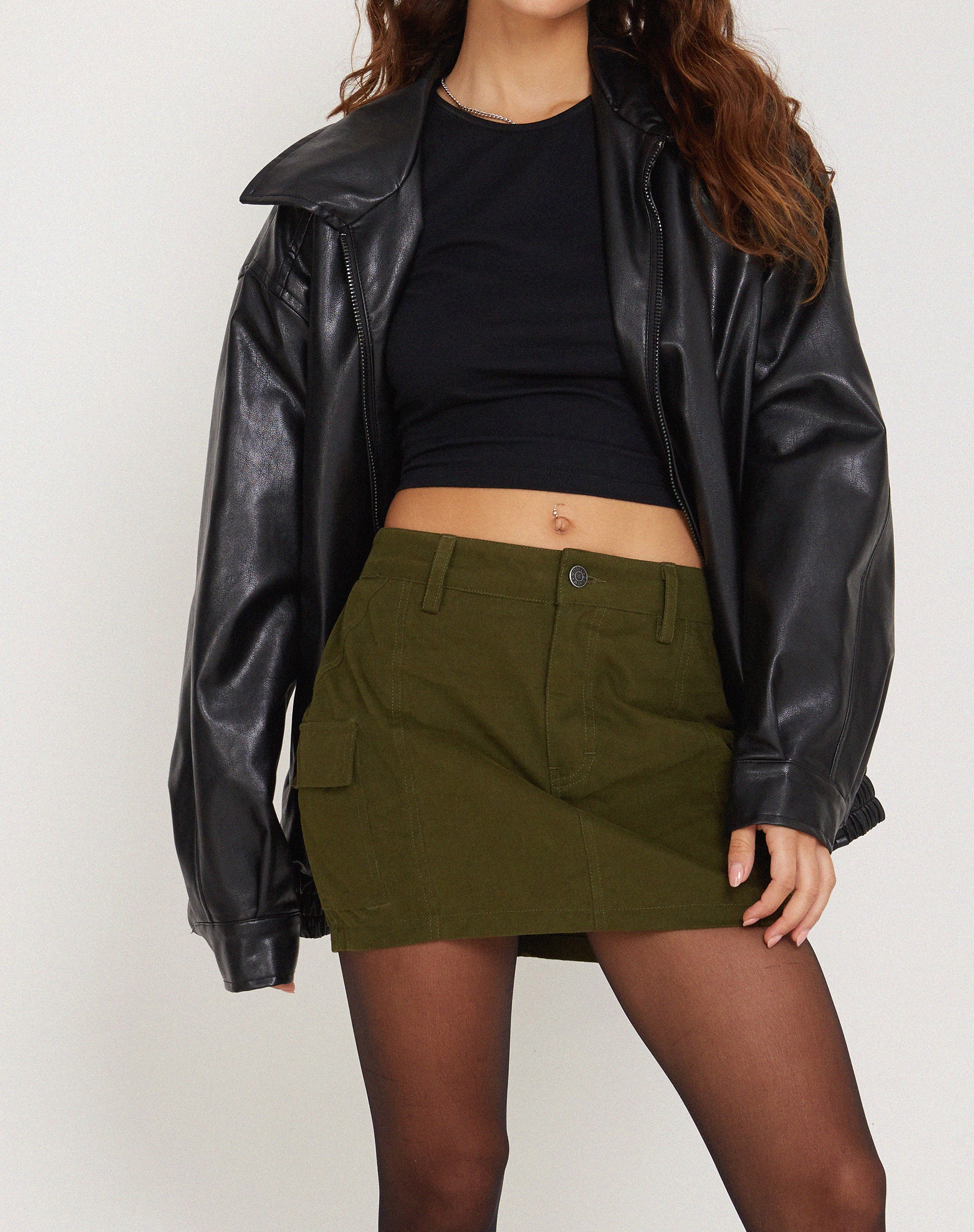 image of Ajeng Low Rise Cargo Mini Skirt in Dark Olive