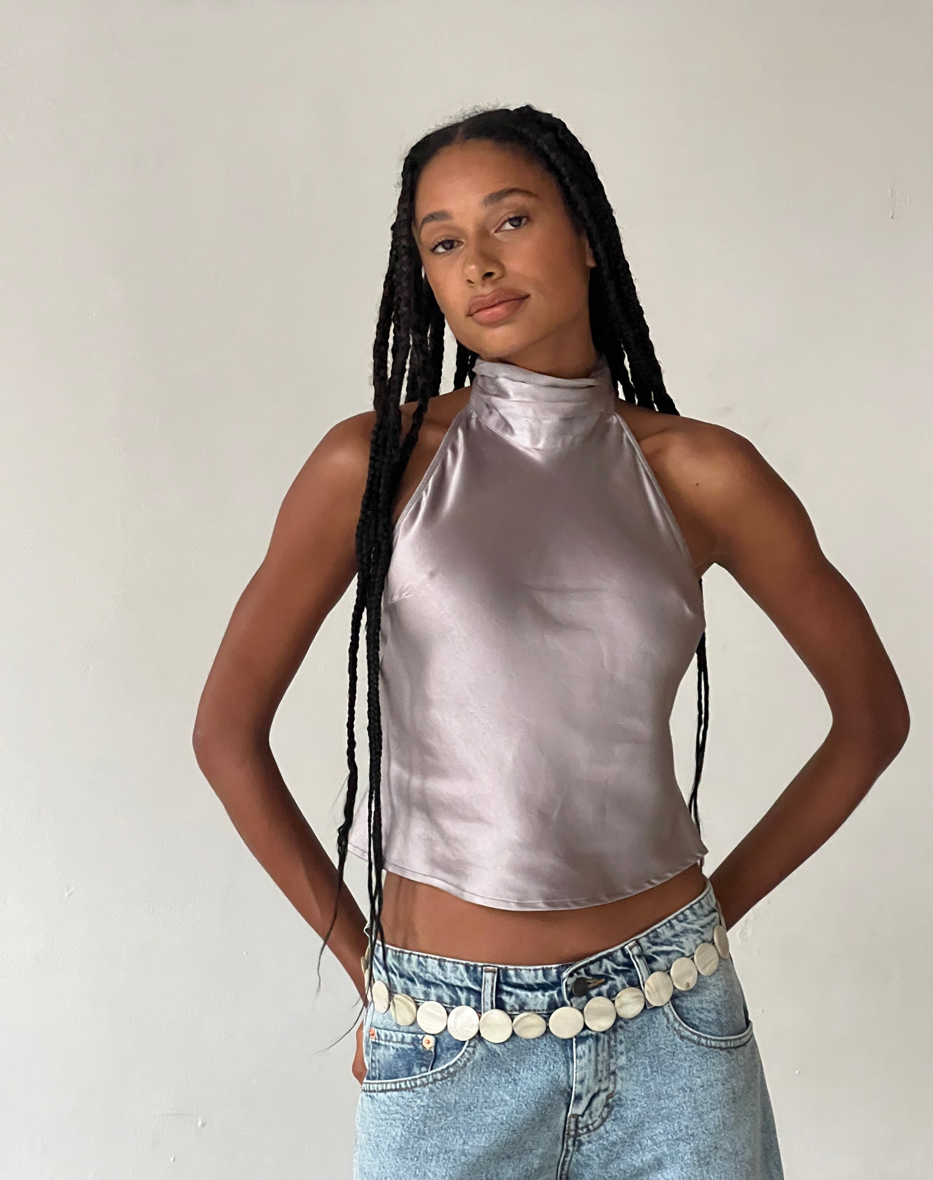 Image of MOTEL X JACQUIE Ataina Halterneck Top in Satin Silver