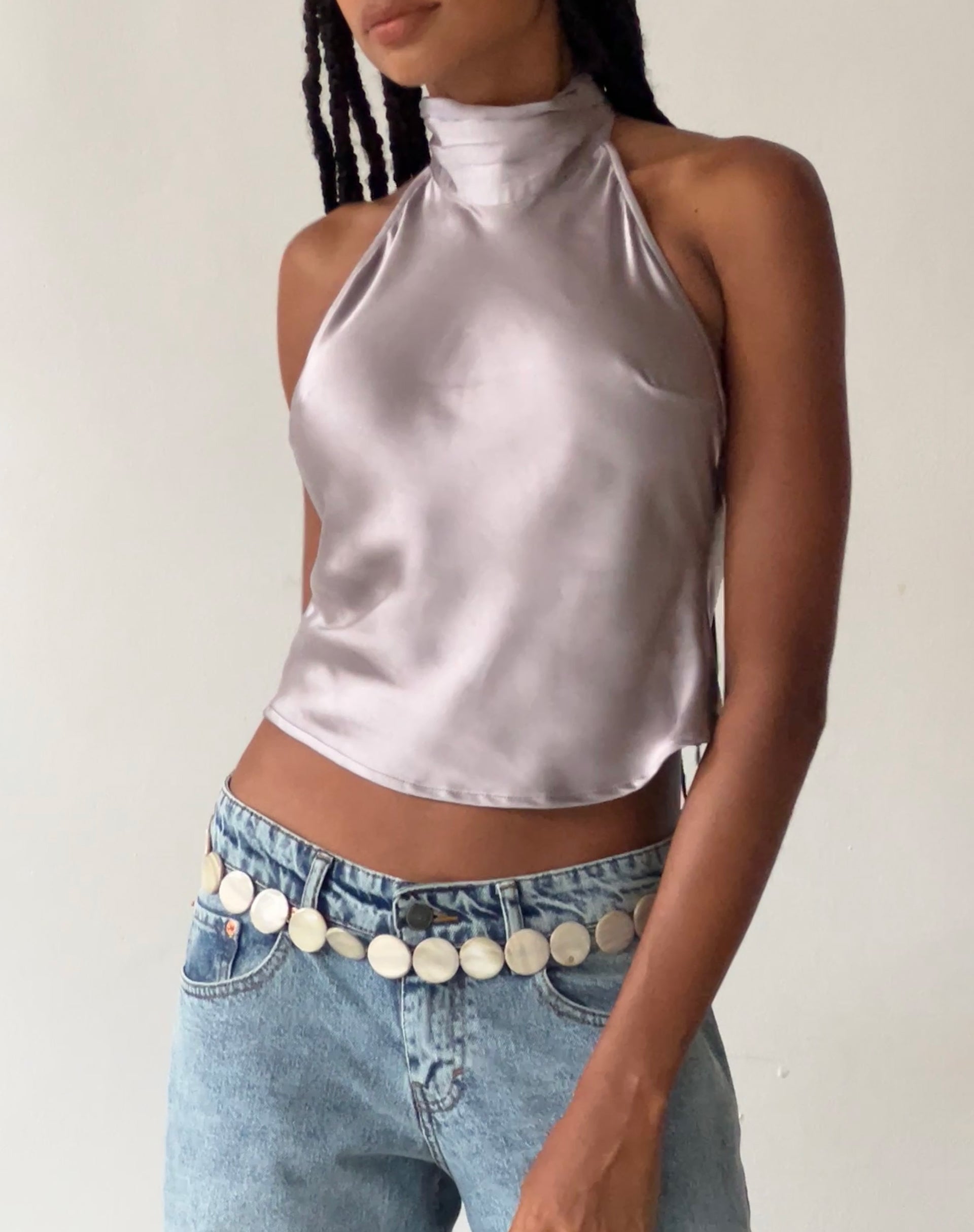 Image of MOTEL X JACQUIE Ataina Halterneck Top in Satin Silver